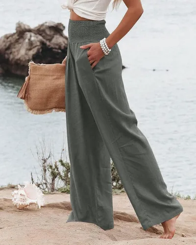 Vista 3 de Pantalones de lino de primavera para mujer, pantalones casuales palazzo, cintura alta, bohemios, piernas anchas, holgados, con bolsillo