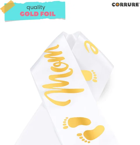 Vista 6 de CORRURE Banda para baby shower para niño o niña, banda con la frase "Mom to Be" con hermosa cinta blanca y texto dorado - Ideal para revelación
