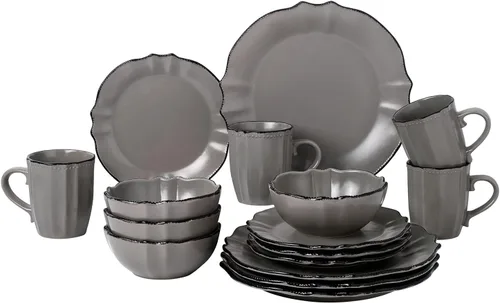 Vista 4 de Elegante y elegante juego de vajilla de 16 piezas con borde festoneado, servicio para organizar fiestas y eventos, juego de 4, borde festoneado Negro