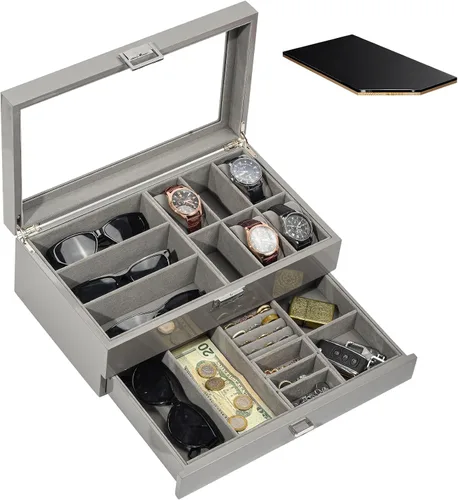 Vista 2 de ProCase Lacquered Finish Wooden Men's Jewelry Box Bundle with 18 Slots Sunglasses Organizer