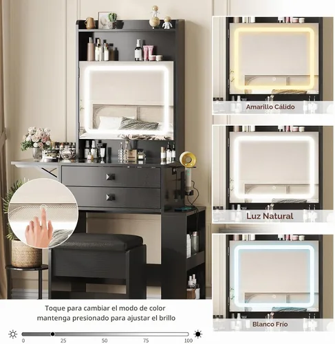 Vista 3 de Vabches Escritorio pequeño de maquillaje, 3 espejos iluminados ajustables, juego de tocador blanco, panel plegable, estación de carga, parte