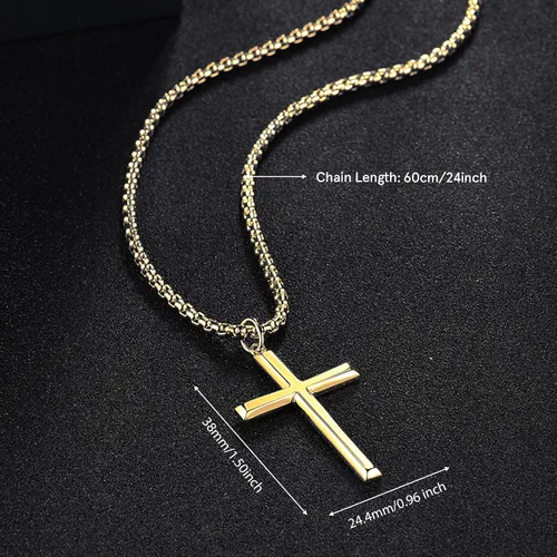 Vista 4 de FANCIME Cross Necklace for Men Sterling Silver Cross Necklaces High Polished Gift For Men, Stainless Steel Box Chain Length 24 Inch Oro pulido