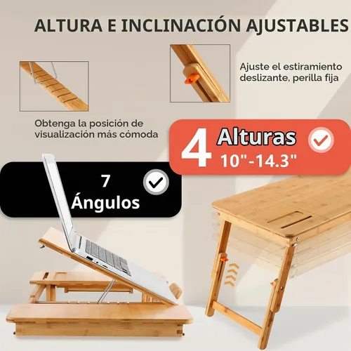 Vista 5 de Nnewvante - Mesa de bambú para laptop, bandeja de regazo ajustable, bandeja para servir cama, mesa de desayuno, mesa de café plegable, 7 ángulos
