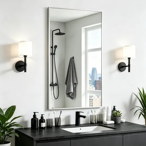 Vista 46 de KOCUUY Espejo de baño negro, espejo rectangular de 24 x 18 pulgadas para sobre el fregadero, espejo de pared decorativo moderno para dormitorio
