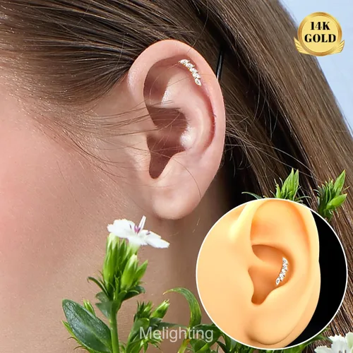 Vista 3 de Melighting Aretes de oro macizo de 14 quilates, 0.56 oz, joyería de piercing Tragus de oro transparente con circonita cúbica curvada para cartílago