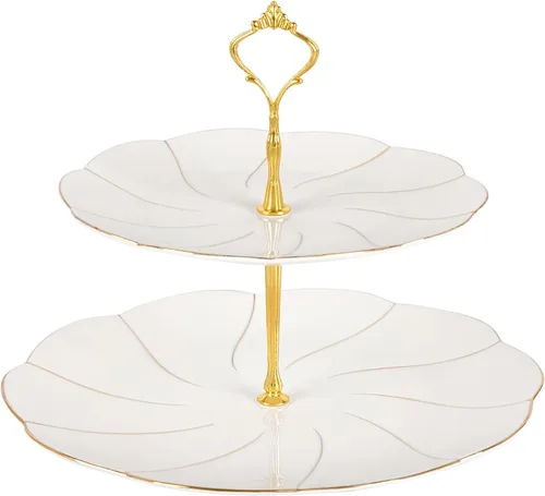 Vista 10 de DUJUST Lujo Soporte para Magdalenas de Porcelana de 3 Niveles en Forma de Torre, Bandeja de Servir de Estilo Británico con Borde Dorado, Soporte