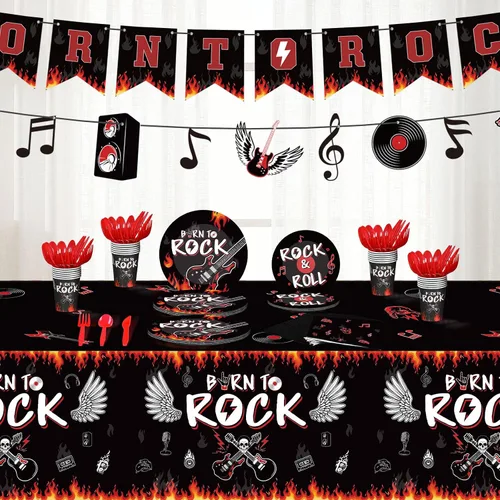 Vista 5 de Yaomiao 172 piezas de suministros de fiesta temática de rock Born to Rock, pancarta de notas musicales, guirnalda, juego de vajilla para fiesta