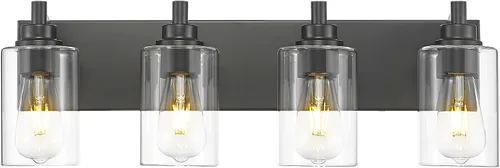 Vista 11 de Lámparas de baño, lámpara de tocador moderna de 4 luces con pantalla en forma de copa de vino de vidrio transparente, accesorios de iluminación Negro