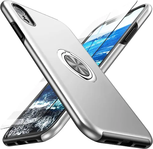 Vista 9 de Funda compatible con iPhone XR con protector de pantalla de vidrio templado para hombres, funda protectora ligera 2 en 1 con soporte de anillo