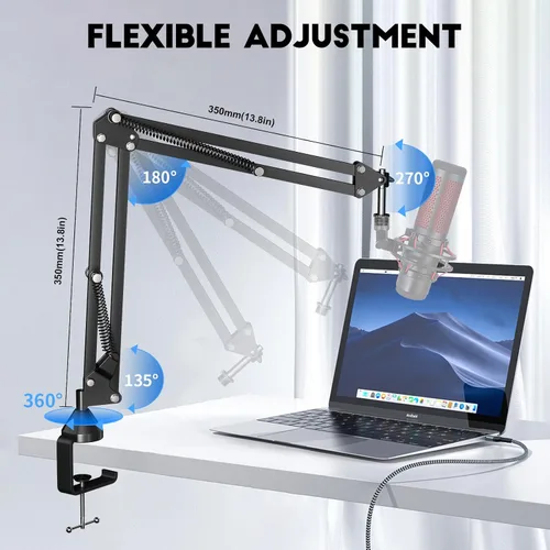Vista 4 de Brazo de Micrófono, Aokeo AK-35 - Soporte de Micrófono de Escritorio; Soporte de Brazo de Tijera con Suspensión para Micrófono para Blue Yeti, Blue