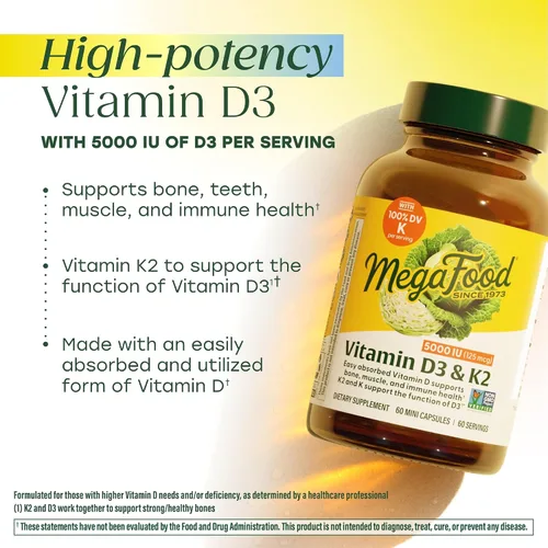 Vista 3 de MegaFood Vitamina D3 5000 UI (125 mcg) – Suplementos vegetarianos con vitamina D3 K2 – Apoya los huesos, dientes, músculos y salud inmunológica