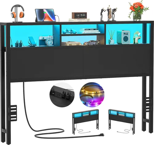 Vista 15 de Cabecero Aheaplus para Cama Individual con Almacenamiento, Cabeceros con Enchufes, Puertos USB y Luz LED, Cabecero Individual Solo, Altura