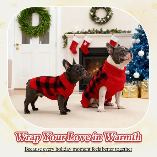 Vista 6 de QBLEEV Suéter navideño clásico a cuadros para perro, suéter elástico cálido con agujero para correa, suéteres de Navidad de cuello alto