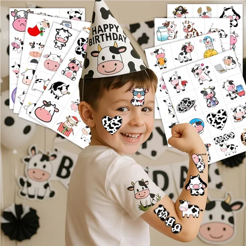 Vista 2 de 96 tatuajes temporales precortados de vaca para niños, suministros para fiestas de cumpleaños de animales de granja, decoraciones y recuerdos