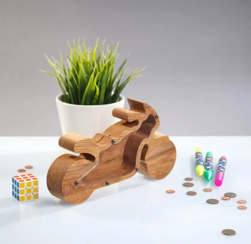Vista 6 de Hucha de madera para motocicleta, bicicleta de madera Montessori, para adultos, niños, niñas, banco de monedas, regalo inspirador, caja de dinero