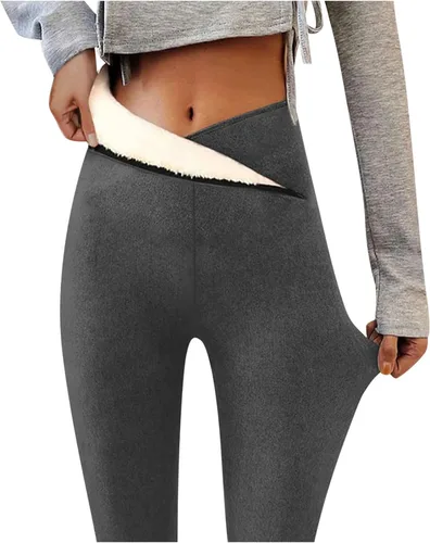 Vista 4 de Ayolanni Pantalones ajustados con forro polar para mujer, cintura cruzada, color sólido, grueso, cálido para clima frío