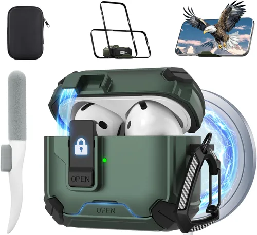 Vista 25 de Maxjoy Funda protectora para AirPods 4 2024, funda protectora para AirPods de 4ª generación con bloqueo automático, compatible con MagSafe, Verde
