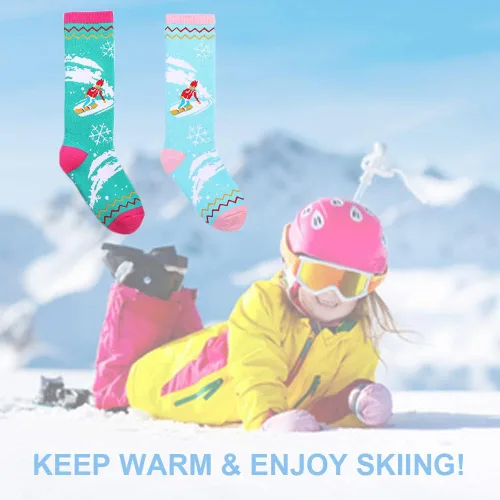 Vista 7 de Esaroll Calcetines de esquí de nieve para niños, 2 pares de calcetines de nieve cálidos gruesos y largos para niños y niñas, calcetines de esquí
