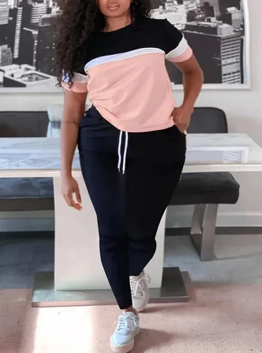 Vista 2 de LovelyWholesale Plus Size 2 Piece Outfits for Women Color Block Tracksuit
