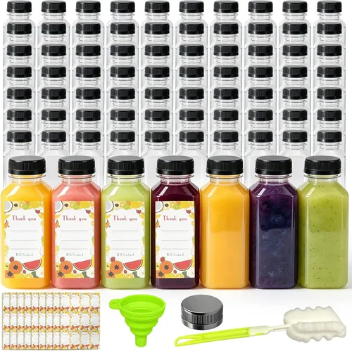 Vista 8 de 48 botellas de jugo de 8 onzas con tapas, botellas de plástico con tapas, recipientes reutilizables transparentes a granel para jugo, leche y otras
