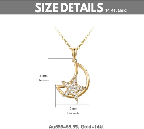 Vista 7 de 14K Solid Gold Moon Necklaces for Women, Real Yellow Gold Moon Star Pendant Necklace with Cubic Zircon Fine Jewelry for Girls 18