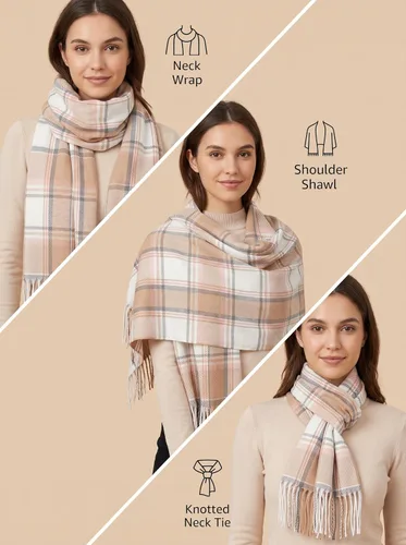 Vista 4 de Fuinloth Plaid Scarf Men Women, Large Tartan Shawl Wrap, Winter, 79 Inch Marrón rosa