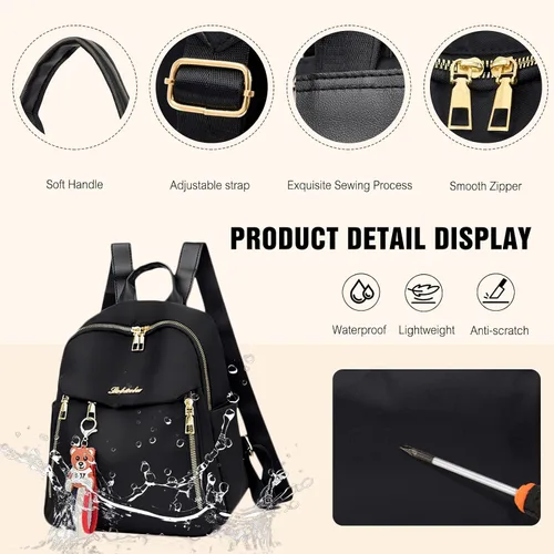 Vista 4 de FANDARE Mochila para mujer con dijes desmontables de piel sintética para laptop, Negro, Grande
