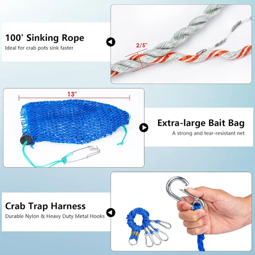 Vista 4 de QualyQualy 2 Packs Foldable Crab Trap 24", Crab Bait Bag，Pacific Heavy Duty Steel Crap Cage Kit with Harness, 100’ Sinking Line, Easy Store & Carry