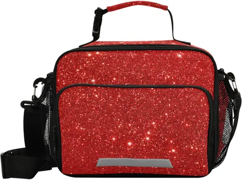 Vista 11 de Aslsiy Bolsa de almuerzo para mujer, diseño de arcoíris, con diseño de mariposa, con diseño de corazones brillantes, con correa ajustable