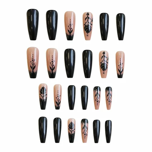 Vista 3 de MISUD Uñas Postizas - Uñas Largas Forma Ataúd con Pegamento en Negro Gótico, Diseño Acrílico Gótico de Rosa 24 piezas