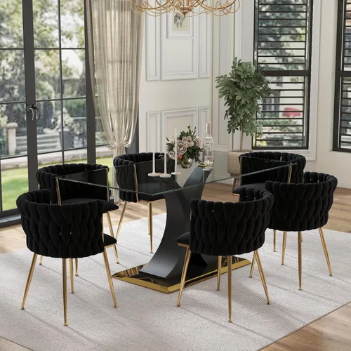 Vista 14 de Juego de comedor moderno de vidrio de lujo de 5 piezas, juego de cena rectangular minimalista grande para 4, juego de mesa de cocina de vidrio