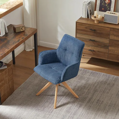 Vista 7 de Zouron Silla de escritorio giratoria sin ruedas, silla de oficina tapizada con patas de madera de roble, sillón moderno para espacios pequeños