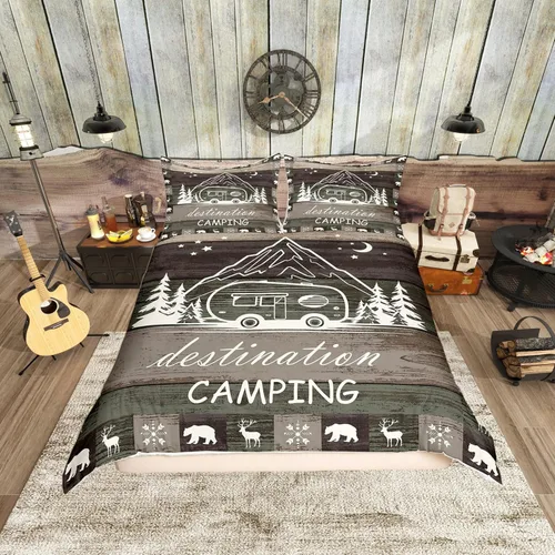 Vista 17 de Funda de edredón Happy Camping, juego de ropa de cama con temática de cámper para niños, funda de edredón de estilo rústico para decoración