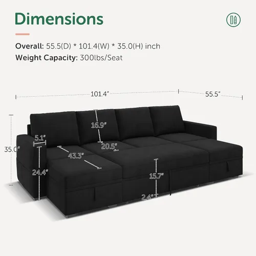Vista 2 de HONBAY Sofá cama modular seccional, sofá modular de terciopelo con cama extraíble, sofá modular en forma de U con otomana de almacenamiento