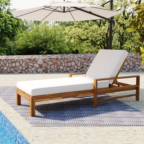 Vista 28 de Tumbona reclinable para patio al aire libre con respaldo ajustable de 5 posiciones y mesa auxiliar de madera, silla lounge para todo tipo de clima
