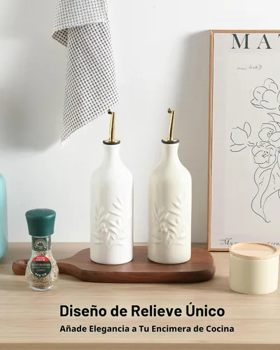 Vista 5 de Sweejar Botella dispensadora de aceite de oliva de cerámica de 20 onzas de alivio opaco que protege para reducir la oxidación, adecuada para Beige