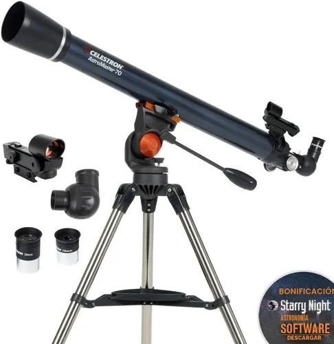 Vista 2 de Celestron – Telescopio AstroMaster 70AZ – Telescopio refractor – Óptica de vidrio totalmente recubierta – Trípode de altura ajustable – Paquete