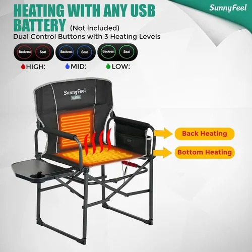 Vista 5 de SUNNYFEEL Silla de Camping con Calefacción para Directores, Silla Plegable Portátil de Gran Tamaño para Exteriores con Mesa Lateral, Bolsillo