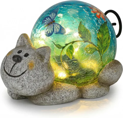 Vista 9 de Afirst Estatuas solares de jardín para exteriores, adorno de césped de gato con luces solares de vidrio agrietado, decoración al aire libre