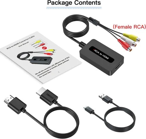 Vista 2 de Convertidor de cable RCA a HDMI hembra con cables HDMI y RCA, convertidor compuesto AV a HDMI CVBS, interruptor de salida Full HD 720P/1080P