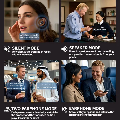 Vista 7 de Auriculares con traductor de idiomas AI, 3 en 1 en tiempo real con 144 idiomas y acentos, dispositivo de traducción y batería de larga duración