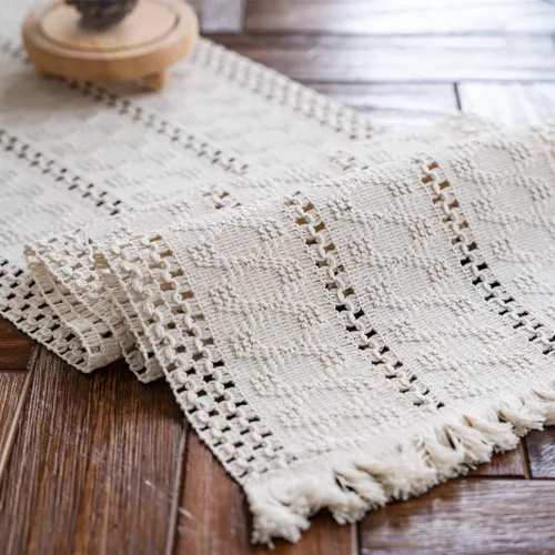 Vista 22 de Camino de mesa de macramé, color beige crema, bohemio, con borlas, camino de mesa de algodón tejido a mano, camino de mesa rústico para cocina
