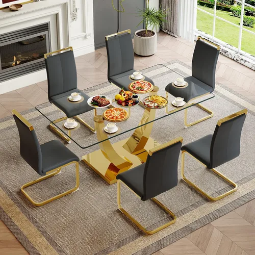 Vista 32 de Juego de mesa de comedor de cristal de 63 pulgadas para 4, mesa de comedor para 4, mesa de comedor con patas y base de acero inoxidable, sillas