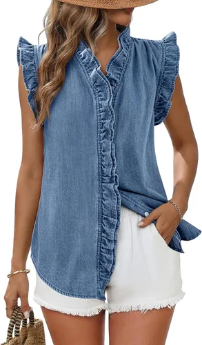 Vista 13 de Dokotoo Chaleco de mezclilla para mujer, casual, de verano, con botones, peplum, cuello en V, sin mangas, camisa de mezclilla