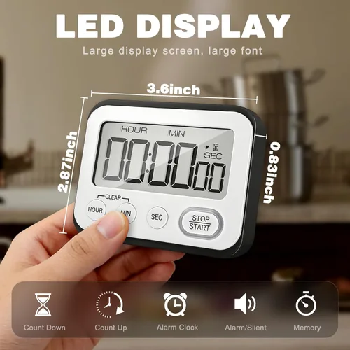 Vista 5 de Temporizador de cocina digital magnético con alarma potente, pantalla LCD grande silenciosa/con pitido, multifunción para maestros, aula, niños