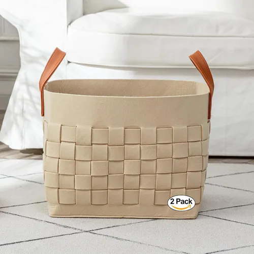 Vista 11 de boldmonkey Cesta para mantas de 15 x 13 x 11 pulgadas, paquete de 2 cestas rectangulares grandes para ropa sucia con mango de cuero, cesta suave