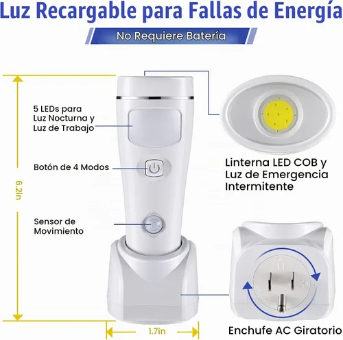 Vista 3 de Enhon - Paquete de 2 luces LED de emergencia 4 en 1 para fallos de energía en el hogar, color blanco Rechargeable plug-in flashlight, motion
