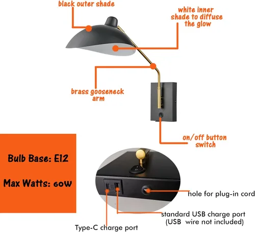 Vista 5 de CLAXY - Apliques de pared enchufables, color negro mate, iluminación de montaje en pared E12 Home Wall Lights with USB Charge Port-Set of 2, Plug