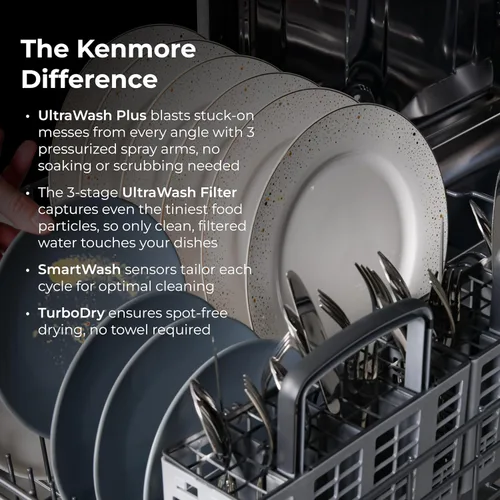 Vista 4 de Kenmore Lavavajillas Empotrado de 24" - Tina Silenciosa con TurboDry, Detección de Fugas y SmartWash para Suciedad - 15 Cubiertos - 49 DBA - Negro