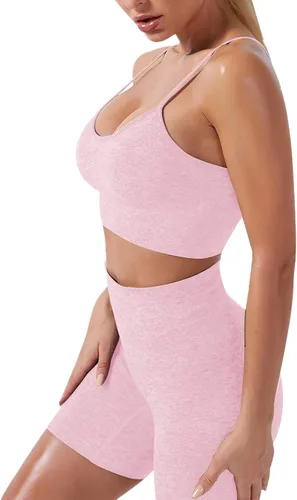 Vista 3 de Conjunto de 3 piezas de yoga sin costuras para mujer, camiseta corta de manga corta, brasier deportivo para gimnasio, cintura alta, pantalones
